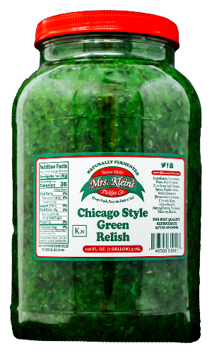 Jar of Chicago Style Green Relish with red lid and label on a white background
