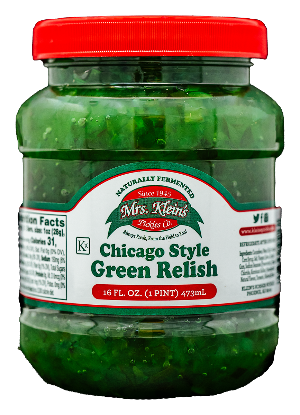 A jar of Mrs. Klein's Chicago Style Green Relish, 16 oz size, with a red lid.
