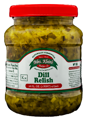 A jar of Mrs. Klein's Dill Relish with a red lid, displaying the product label which includes the brand name and the product title.