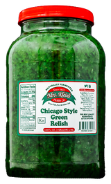 Jar of Chicago Style Green Relish with red lid and label on a white background