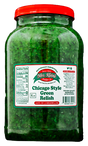 Jar of Chicago Style Green Relish with red lid and label on a white background