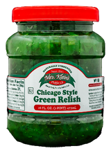 A jar of Mrs. Klein's Chicago Style Green Relish, 16 oz size, with a red lid.