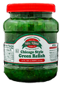 A jar of Mrs. Klein's Chicago Style Green Relish, 16 oz size, with a red lid.