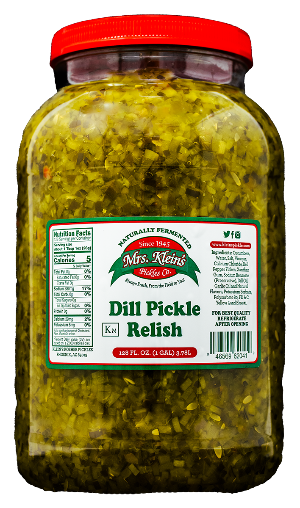 A jar of Dill Pickle Relish with a red lid and a label displaying the product name and brand, Mrs. Klein's Pickle Co.