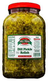 A jar of Dill Pickle Relish with a red lid and a label displaying the product name and brand, Mrs. Klein's Pickle Co.