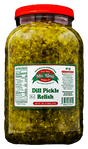 A jar of Dill Pickle Relish with a red lid and a label displaying the product name and brand, Mrs. Klein's Pickle Co.
