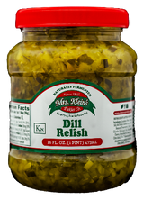 A jar of Mrs. Klein's Dill Relish with a red lid, displaying the product label which includes the brand name and the product title.