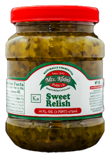 A jar of Mrs. Klein's Sweet Relish with a red lid and a label that includes the product name and branding information.