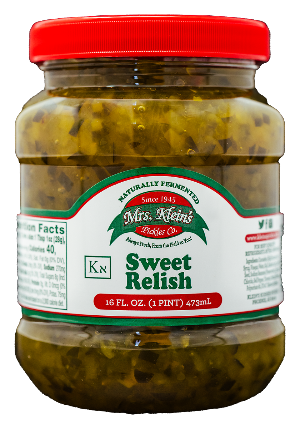 A jar of Mrs. Klein's Sweet Relish with a red lid and a label that includes the product name and branding information.