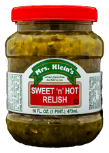 A jar of Mrs. Klein's Sweet 'n' Hot Relish with a red cap and label that shows the product name and branding.