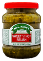 A jar of Mrs. Klein's Sweet 'n' Hot Relish with a red cap and label that shows the product name and branding.